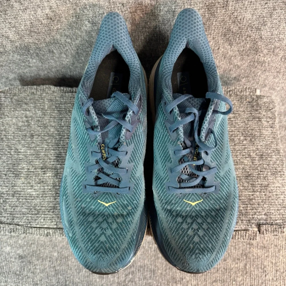 Hoka Clifton 9 Mens Teal Blue Yellow Running Shoes 1127895-BBLC Size 11